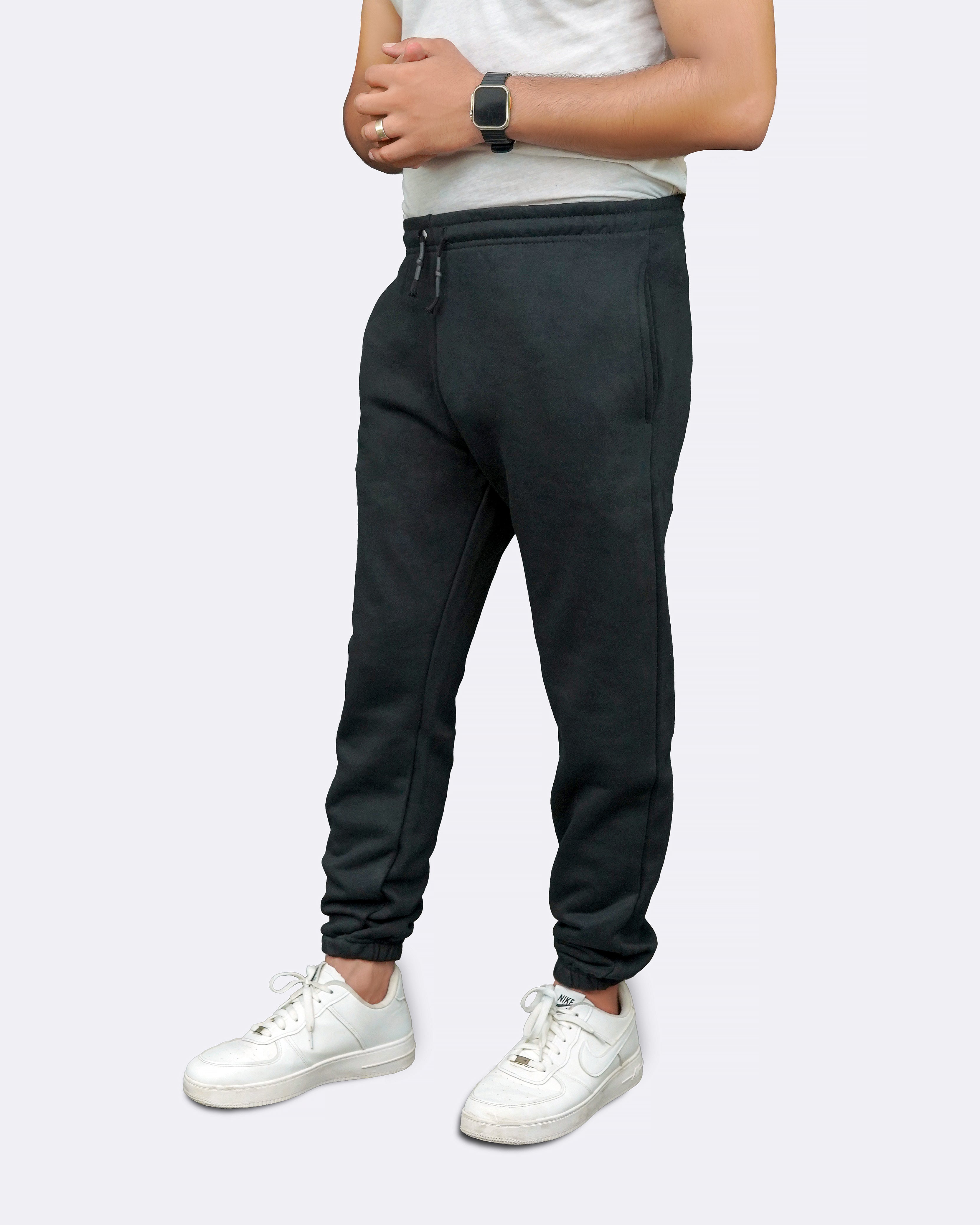 Elasticated Fleece Lined Mens Black Trousers Joggers