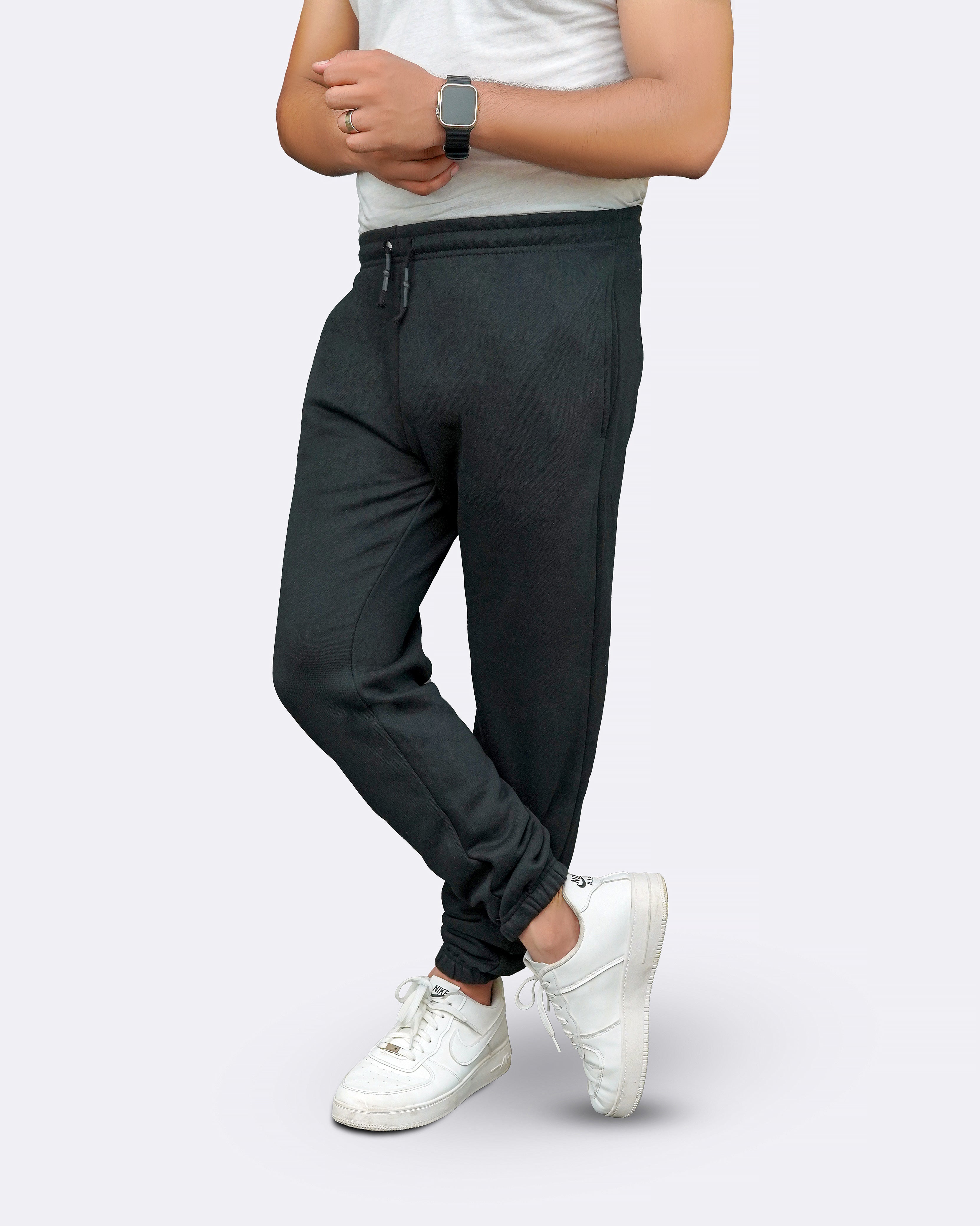 Elasticated Fleece Lined Mens Black Trousers Joggers